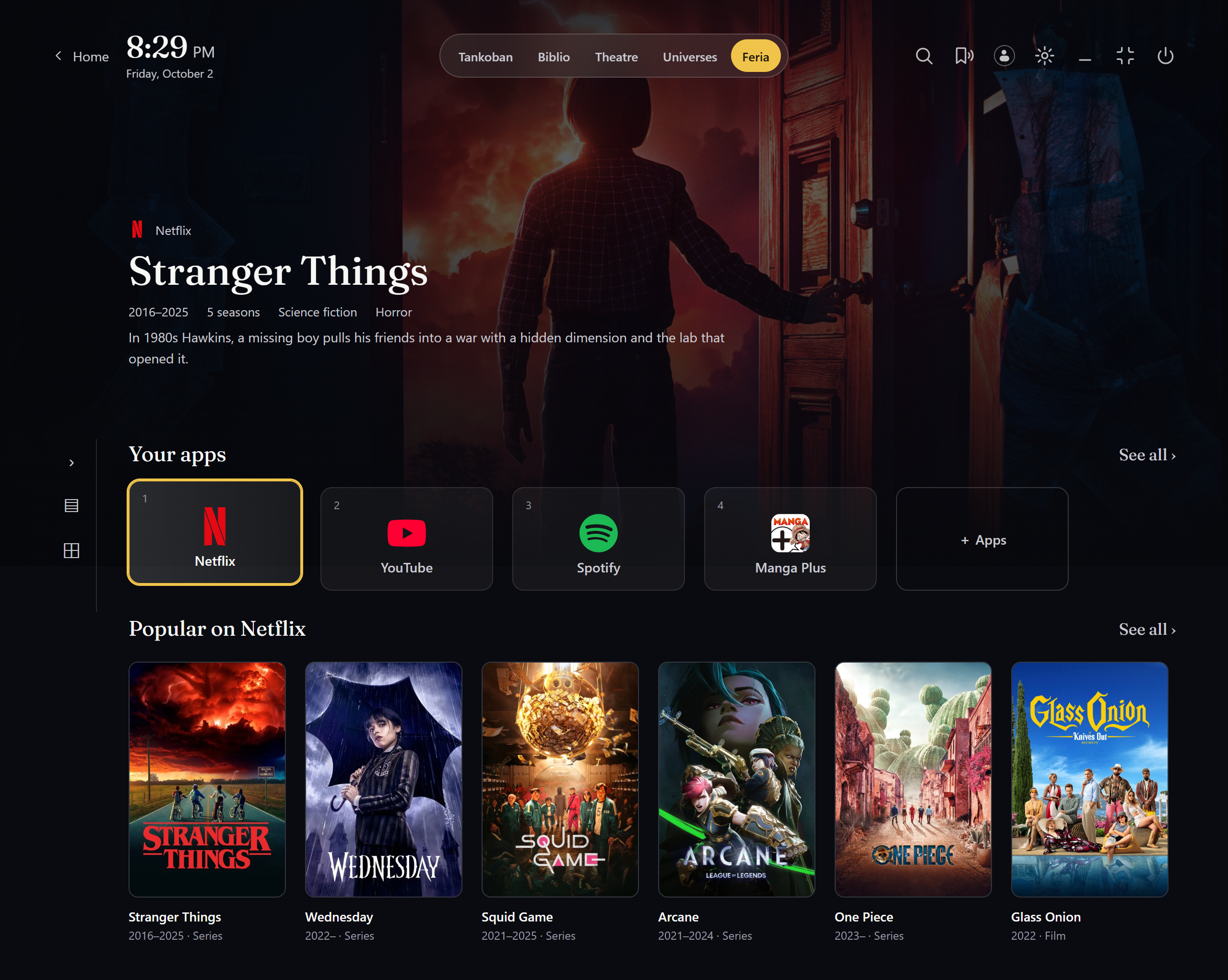 Feria discovery showcase with Netflix, YouTube, Spotify and Manga Plus shortcuts.